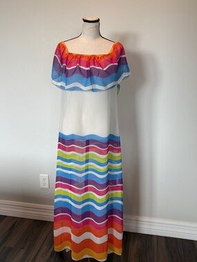 Argento Beachwear Size 8 Rainbow Maxi Cover Up Sheer Off Shoulder Resort Dress